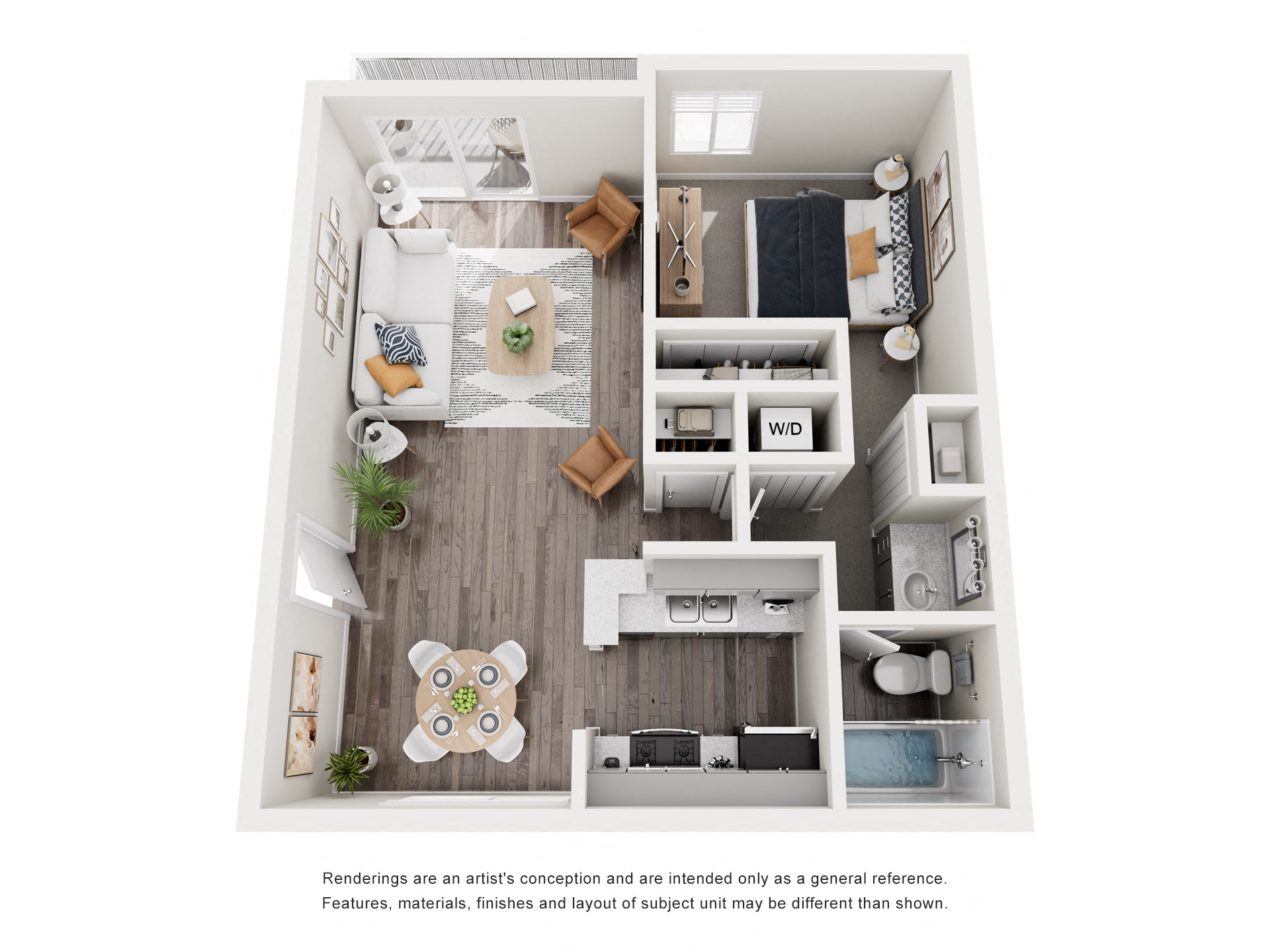 Floor plan for 1 bed, 1 bath, 700 sqft